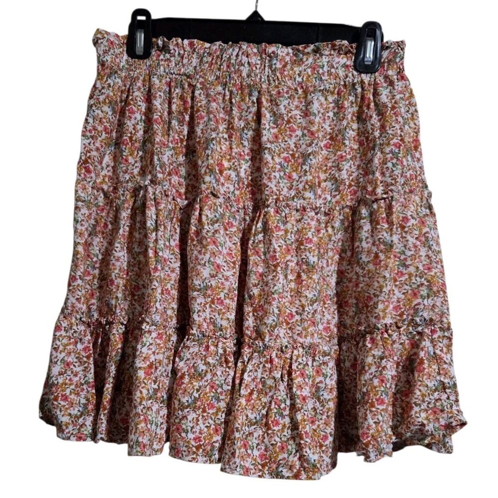 Cynthia Rowley Skater Boho Skirt Women's L Floral Ruffled Mini Pull On Festival